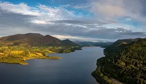 The Lakes Prints: An aerial view of Bassenthwaite Lake in the English Lake District in warm eveing light