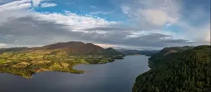 The Lakes Prints: An aerial view of Bassenthwaite Lake in the English Lake District in warm eveing light