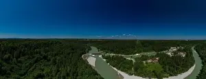 Weir Prints: Aerial view over the bavarian Isar river and a weir next to green trees of a big forest
