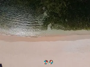 Foaming Prints: Aerial view of beautiful blue sea waves breaking on sandy coastline
