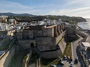 aerial view of the beautiful castle of Guzmán el Bueno in the municipality of Tarifa, Andalusia