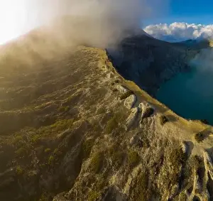Ijen Prints: Aerial view of beautiful Ijen volcano with acid lake and sulfur gas going from crater