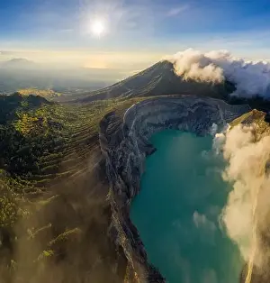 Beauty Day Prints: Aerial view of beautiful Ijen volcano with acid lake and sulfur gas going from crater