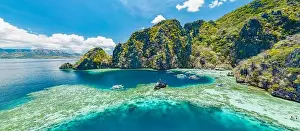 Island Hopping Prints: Aerial view of beautiful lagoons and limestone cliffs of Coron, Palawan, Philippines