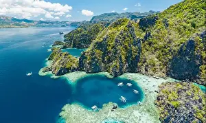 Island Hopping Prints: Aerial view of beautiful lagoons and limestone cliffs of Coron, Palawan, Philippines
