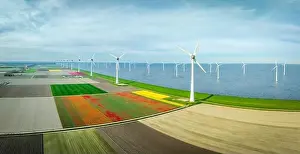 Wind Turbine Prints: aerial view of a beautiful landscape filled with colorful tulips and wind turbines