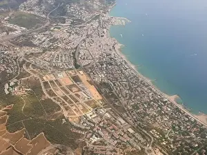 Sitges Prints: Aerial view on beautiful Sitges town in summer, Spain, view from the plain