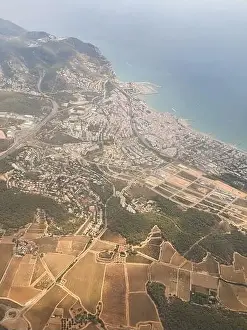 Sitges Prints: Aerial view on beautiful Sitges town in summer, Spain, view from the plain