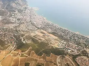 Sitges Prints: Aerial view on beautiful Sitges town in summer, Spain, view from the plain