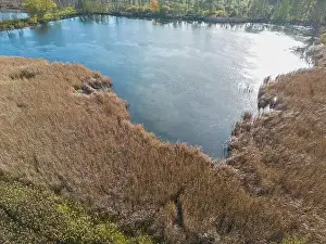 Serpentine Road Prints: Aerial view of beautiful smooth green waters of a lake on a sunny autumn day