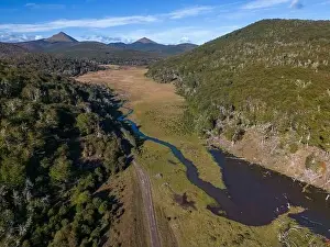 Tierra Del Fuego Prints: Aerial view of a beaver habitat in Reserva Lago Yeguin on the island Tierra del Fuego