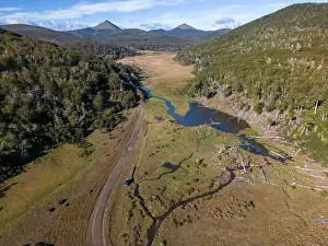Tierra Del Fuego Prints: Aerial view of a beaver habitat in Reserva Lago Yeguin on the island Tierra del Fuego