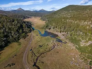 Tierra Del Fuego Prints: Aerial view of a beaver habitat in Reserva Lago Yeguin on the island Tierra del Fuego