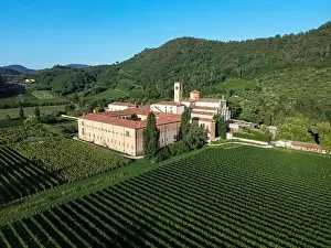 Aerial view of Benedictine monastery Abbazia di Praglia in Bresseo