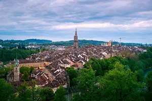 Bern Prints: Aerial view of the Bern old town with the Aare river flowing around the town at night in Bern