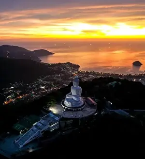 Big Buddha Prints: Aerial view of Big Buddha viewpoint at sunset in Phuket province, Thailand