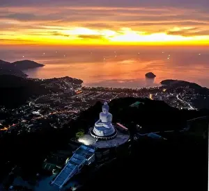 Aerial view of Big Buddha viewpoint at sunset in Phuket province, Thailand