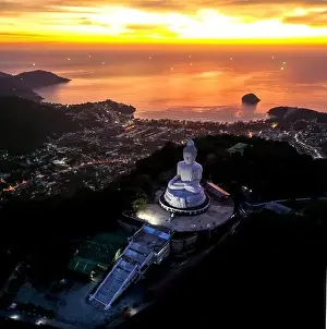 Big Buddha Prints: Aerial view of Big Buddha viewpoint at sunset in Phuket province, Thailand