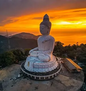 Aerial view of Big Buddha viewpoint at sunset in Phuket province, Thailand