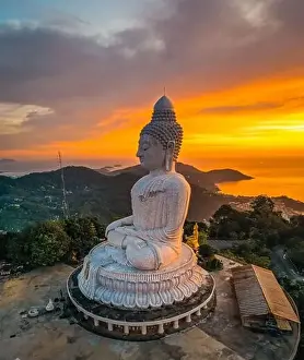 Big Buddha Prints: Aerial view of Big Buddha viewpoint at sunset in Phuket province, Thailand