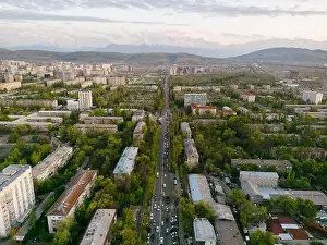 Aerial view of Bishkek city Kyrgyzstan with snowy mountains in the background
