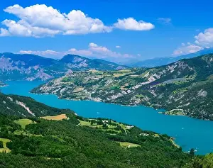 Hautes Alpes Prints: Aerial view on blue lake of Serre-Poncon