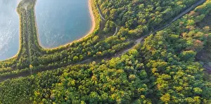Lake Forest Prints: Aerial view of blue lakes and green forests on a sunny summer day in drone photography
