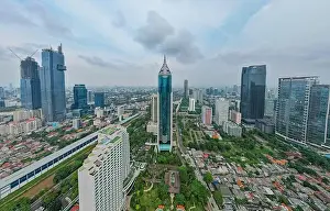 Broker Prints: Aerial view of BNI 46 building in Jakarta and noise cloud with cityscape