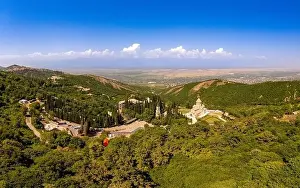 Aerial top view of the Bodbe Monastery architectural complex of St