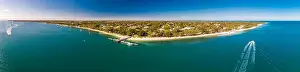 Pumicestone Passage Prints: Aerial view of Bongaree Jetty on Bribie Island, Sunshine Coast, Queensland, Australia