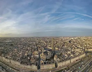 Gironde Prints: Aerial view of Bordeaux, Saint Michel Church and Garonne river, filmed by drone, France
