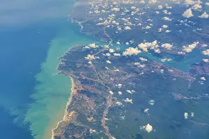 Bird Eye Prints: Aerial top view of the Bosporus strait entrance from the Black Sea side near Istanbul city in Turkey