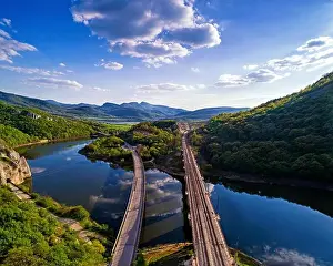 Blue Bridge Prints: Aerial view of a bridge crossing the Tsonevo lake near Varna