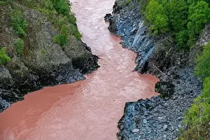 Sediments Prints: Aerial view of the Bulkley River by Hagwilget Canyon Suspension Bridge