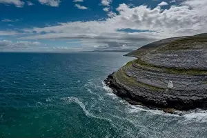 Karst Prints: An aerial view of the Burren Coast in County Clare with the Black Head Lighthouse on the rocky point