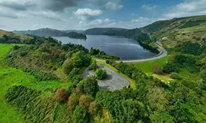 Aerial view of Bwlch-y-gle dam and Clywedog reservoir near Llanidloes, mid Wales UK