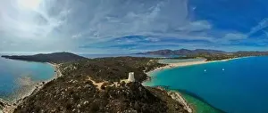 Calm Sea Prints: Aerial view of Capo Carbonara peninsula in southern Sardinia