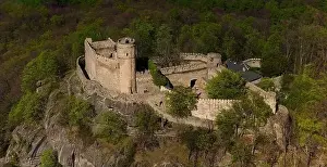 Karkonosze Prints: An aerial view captures the medieval Chojnik Castle atop a mountain in the Karkonosze range