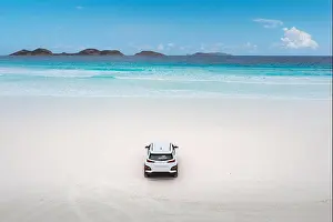 Aerial view of car parking in beach at Lucky Bay in Cape Le Grand National Park, near Esperance, Western Australia, Australia. Travel and Vacation con