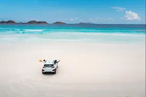 Aerial view of car parking in beach at Lucky Bay in Cape Le Grand National Park, near Esperance, Western Australia, Australia. Travel and Vacation con