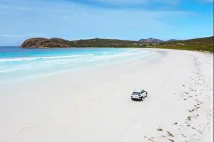 Aerial view of car parking in beach at Lucky Bay in Cape Le Grand National Park, near Esperance, Western Australia, Australia