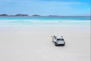 Aerial view of car parking in beach at Lucky Bay in Cape Le Grand National Park, near Esperance, Western Australia, Australia