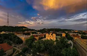 Aerial view on Carmelite Church ( Michael the Archangel church) in Lviv, Ukraine from drone
