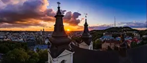 Aerial view on Carmelite Church ( Michael the Archangel church) in Lviv, Ukraine from drone