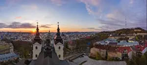 Aerial view on Carmelite Church ( Michael the Archangel church) in Lviv, Ukraine from drone