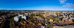 Aerial view of central Bristol in sunny morning, England