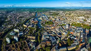 Aerial view of central Bristol in sunny morning, England