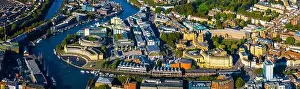 Aerial view of central Bristol in sunny morning, England