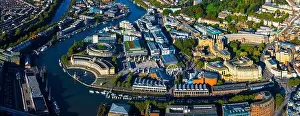Aerial view of central Bristol in sunny morning, England