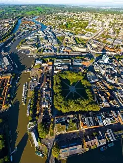 Aerial view of central Bristol in sunny morning, England